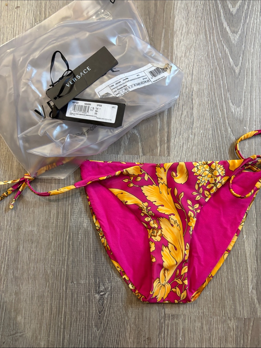 Versace Fuchsia & Gold Baroque Tie-Side Bikini Bottom